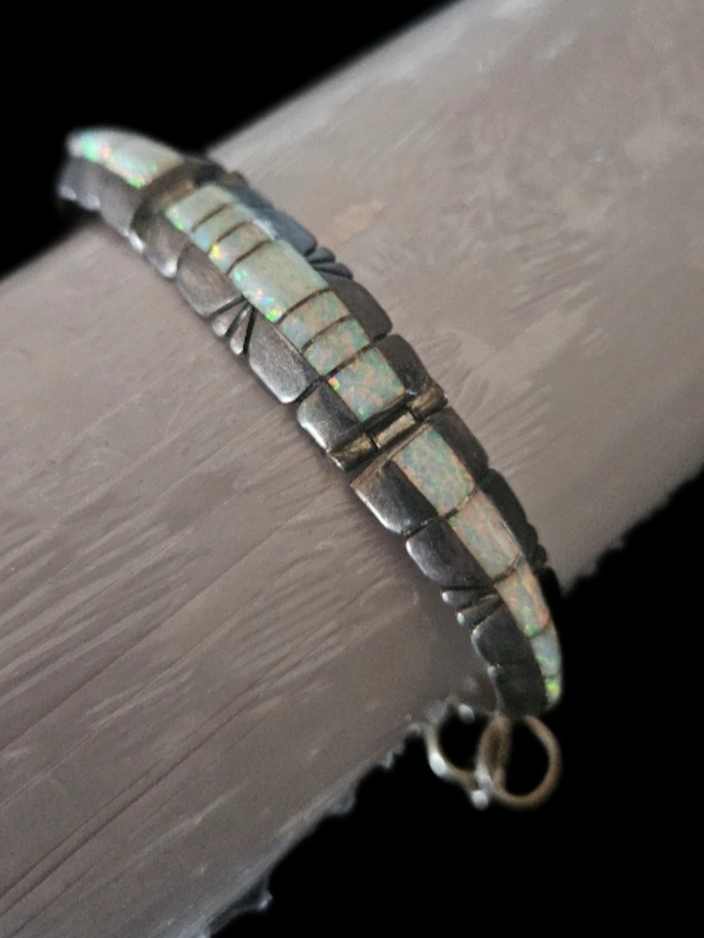Chester Benally Navajo Sterling Silver Opal Inlay Hinged Bracelet